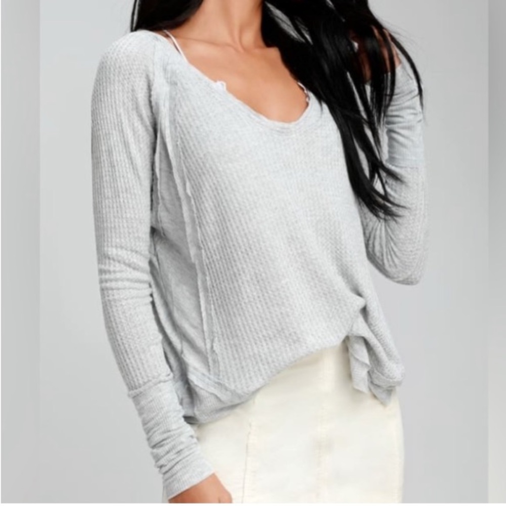 FREE PEOPLE | Grey Oversized Tattered Hem Long Sleeve Top